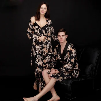 Damska piżama dla pary, kobiecy jedwabny codzienny luźny seksowny garnitur z trzech przedmiotów z długimi rękawami do utrzymania domu