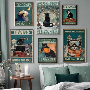 Zabawny Czarny Kot, który Czyta i Pije Kawy, Plakat, Retro Wzory, Sztuka, Zwierzęta, Płótnie, Malarstwo, Salon, Sypialnia, Dekoracja Domu