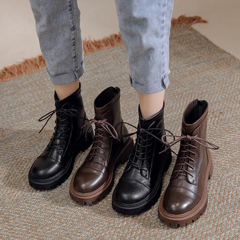 SYNXDN/2021 r. w okresie zimowo-jesienne buty damskie, obuwie damskie buty Martin buty z imitacji skóry, sznurowane i zapinane na zamek, buty damskie na kwadratowym obcasie 4,5 cm