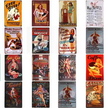 Zasady garażu Pin-up girl Kawy Ścienny Vintage Plakat Metalowy Znak Retro Blaszany Tabliczka