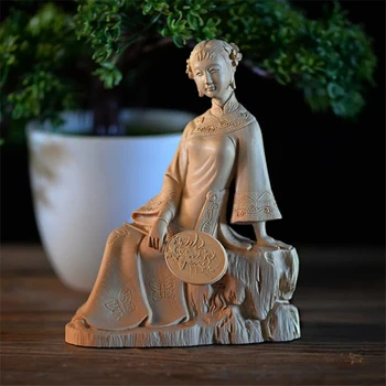 14 CM Цзяннань chiński styl z wachlarzem Piękna kobieca figura Ręcznie robione Drewniane Ozdoby, Rękodzieło