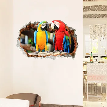 3D Otwory Kolorowe Papugi Naklejki na Ścianę, Kochanek Kreatywne Naklejki do Dekoracji Drzwi, Naklejki na Ścianę do Salonu PVC do Pokoi Dziecięcych