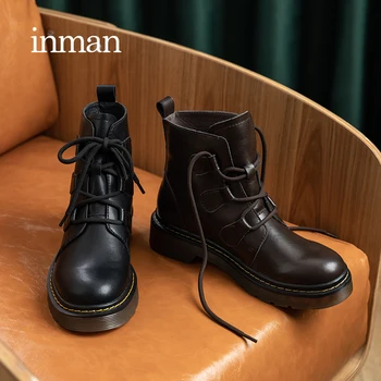 INMAN INS/stylowe Botki Martin; damskie Botki z imitacji skóry o długości do kostek, z Okrągłym toe sznurowane i Zapięciem; Modne buty damskie na płaskiej podeszwie