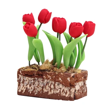 1:12 Domek dla Lalek Miniaturę Roślina Czerwony Tulipan Kwiat Roślina W Doniczce Model Wspaniały Ogród Wystrój Zabawka 1 szt.