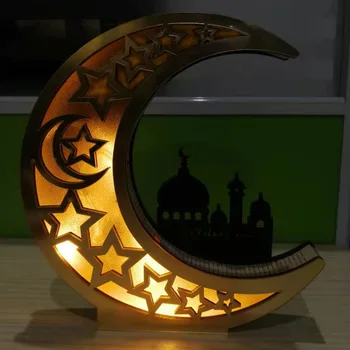 Ramadan Ozdoba Drewniana 2SZT Eid Mubarak Lustro Złoty Księżyc Zamek Puste Litery z Podświetleniem Led Ozdoba Stołu