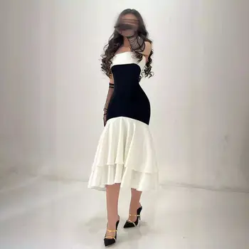 Czarno-Białe Suknie Wieczorowe Syrena z Falbankami, Długa Sukienka Na Studniówkę, Suknie Wieczorowe Dla Arabii Saudyjskiej, Arabskie Kobiety