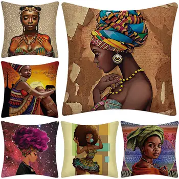 Afrykańska Dziewczyna Lady Obraz Olejny Czarne Kobiety Domowe Artystyczna Dekoracja Sofa Rzut Poszewka Bawełniana, Lniana Poduszka Etui Wystrój Domu
